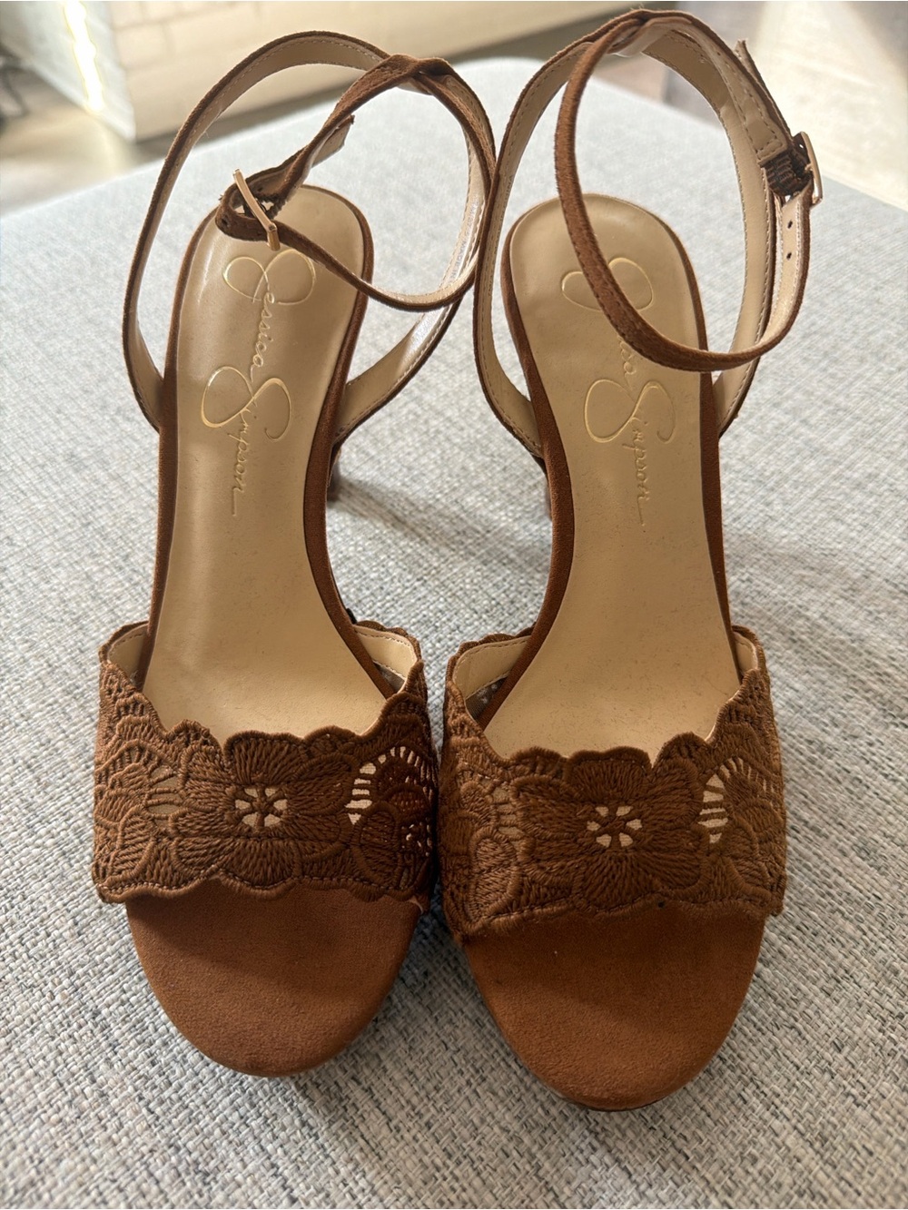 Jessica Simpson Brown Crochet Lace Ankle-Strap Heels
